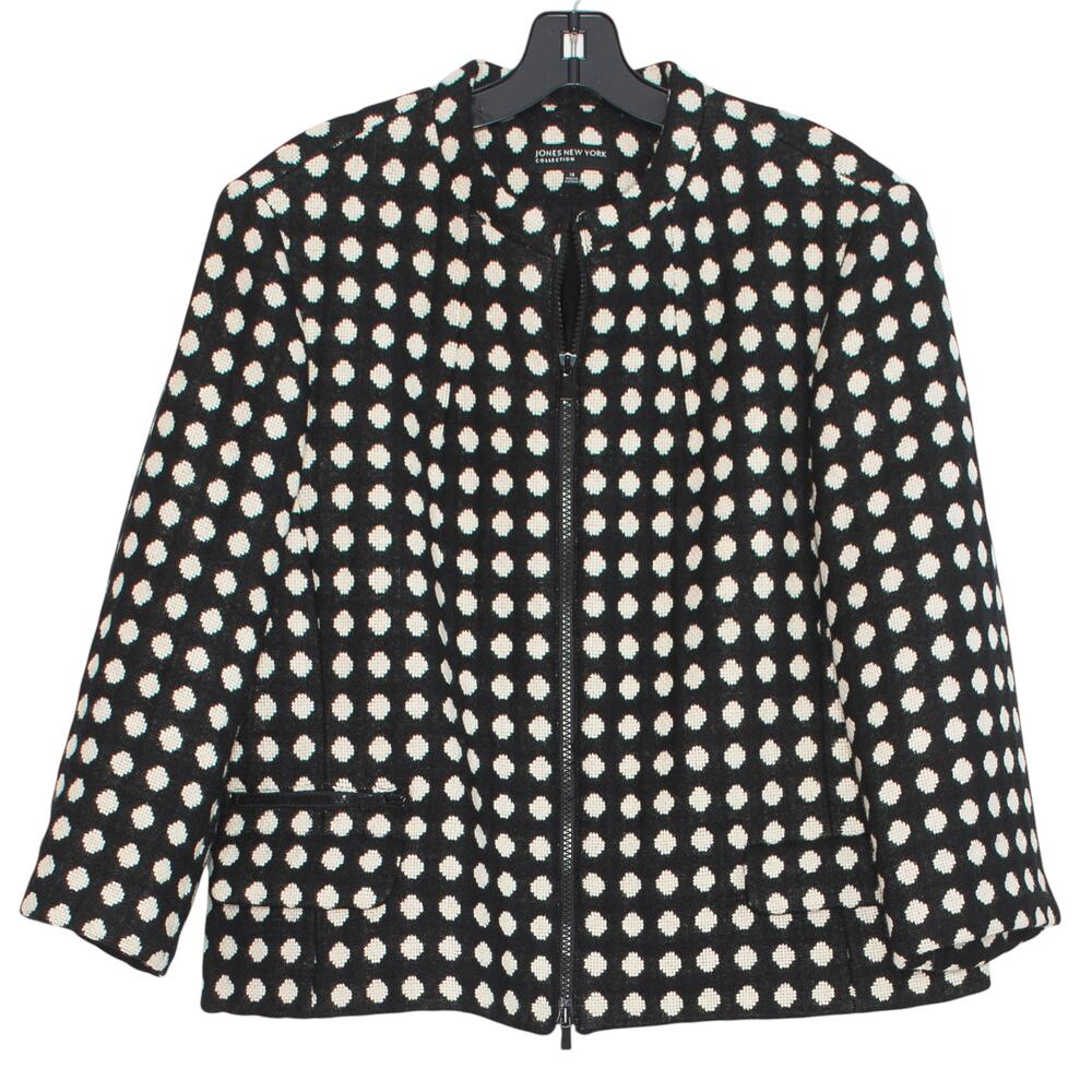 Jones New York Blazer Wool Polka Dot Preppy Academia Retro Full Zip Black 16